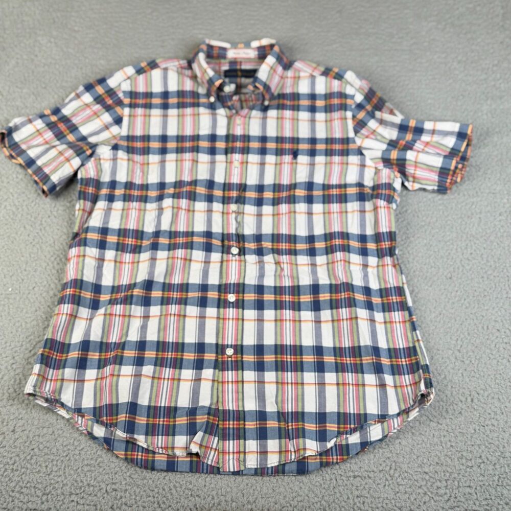 RALPH LAUREN Shirt Mens Large Bleeding Madras Woven Blue Green Oxford Button